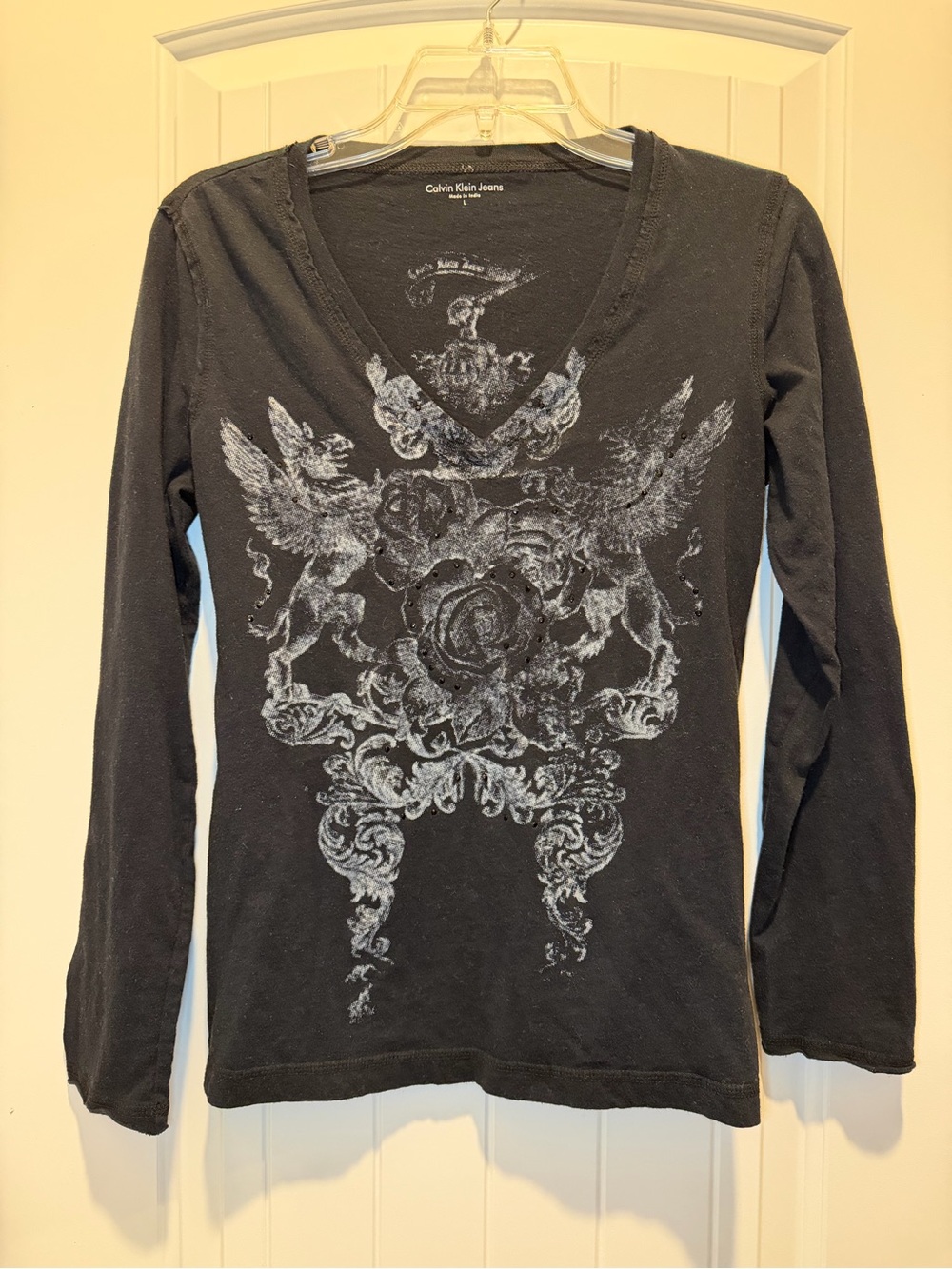 Calvin Klein Jeans Graphic V-Neck Long Sleeve Shirt Black Fairy Grunge Goth L